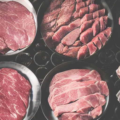 Image similar to a round bench completely covered in meat, studio photography, 5 0 mm