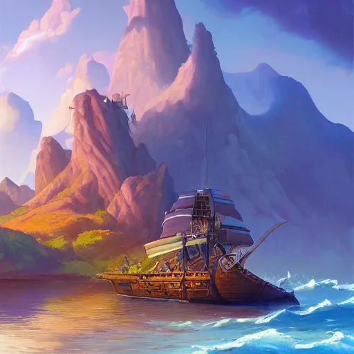 Image similar to a painting of an island with a pirate ship on it, a detailed matte painting by RHADS, cgsociety, fantasy art, matte painting, artstation hq, matte drawing