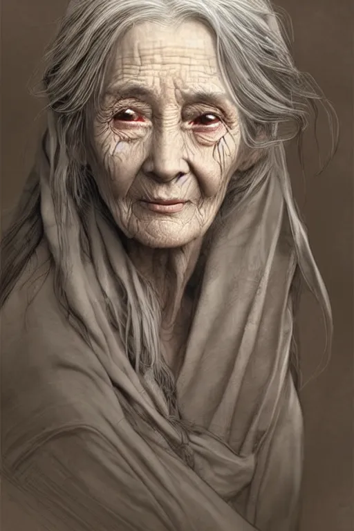 Image similar to very old wrinkled woman crone with long scraggly hair wearing rags, character portrait, concept art, intricate details, highly detailed photorealistic portrait in the style of adam hughes, seseon yoon, artgerm and warren louw