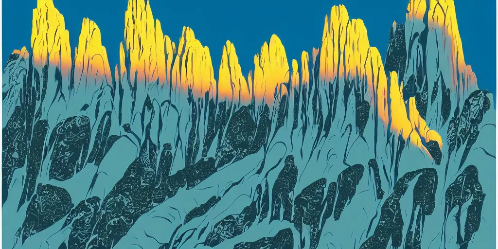 Prompt: poster illustration of craggy icy valley with spires of rock national park by eyvind earle