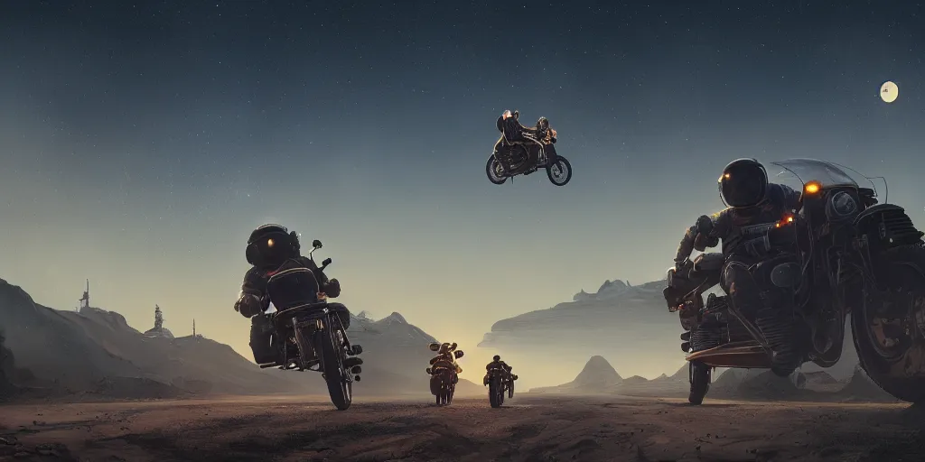 Image similar to american astronaut driving a motorcycle in moon, tribe members chasing, action scene, an epic fantasy, dramatic lighting, cinematic, establishing shot, extremely high detail, photorealistic, cinematic lighting, artstation, octane render, by simon stalenhag, horizon forbidden west