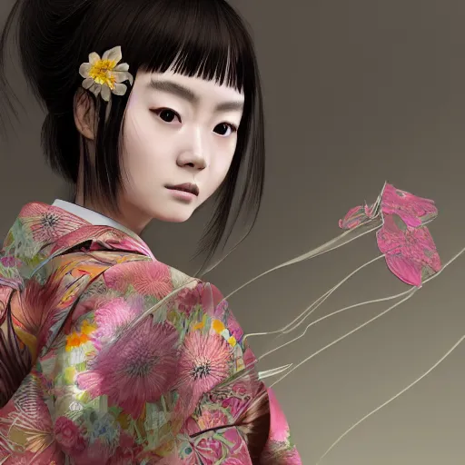 Image similar to centered portrait of a slight happy 3D beautiful Japanese girl in kimono, hyperdetailed, digital painting, trending on Artstation, cel-shading style, CG society, hyperdetailed, digital painting, hypermaximalist, golden ratio, volumetric, octane render, weta digital, micro details, 3d sculpture