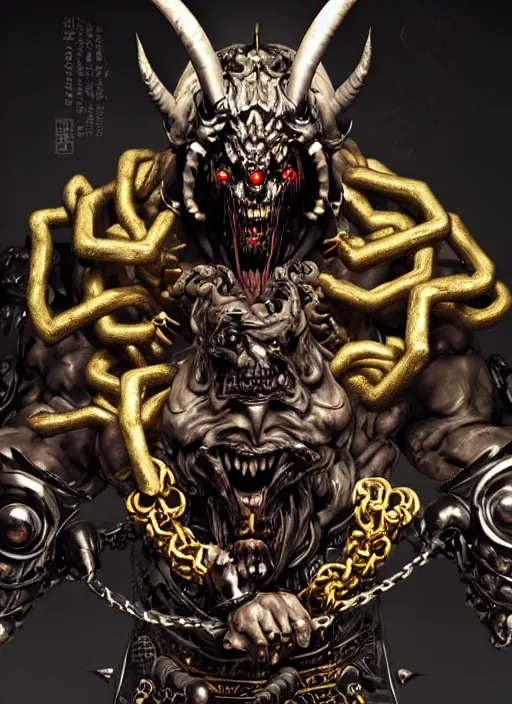 Image similar to scary demon man with twisted face, horns, white skin, armour made of golden ornate chains. in style of yoji shinkawa and hyung - tae kim, trending on artstation, dark fantasy, great composition, concept art, highly detailed, dynamic pose.