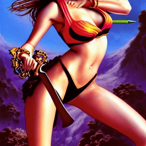 Image similar to barbara palvin supermodel posing as an amazon holding a sword, volcanic background, art by peter lloyd, 1 9 8 0's art, retro art, airbrush style, art by hajime sorayama,, intricate, elegant, sharp focus, illustration, highly detailed, concept art, matte, sharp focus, art by peter palombi, charles e. white