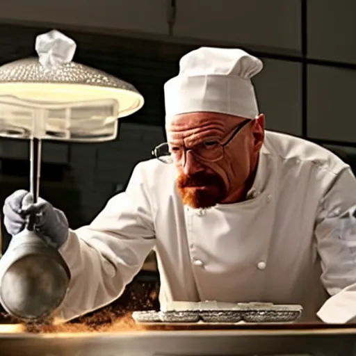 Image similar to walter white cooking a cake with chef hat