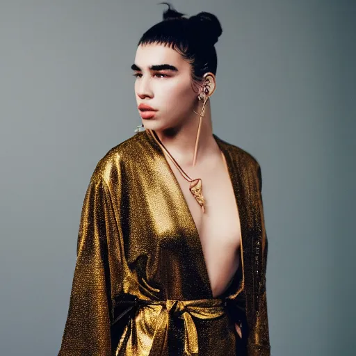 Image similar to dua lipa wearing black robe and golden necklace cinematic photoshoot high quality highly affordable photo realistic 8 k hd