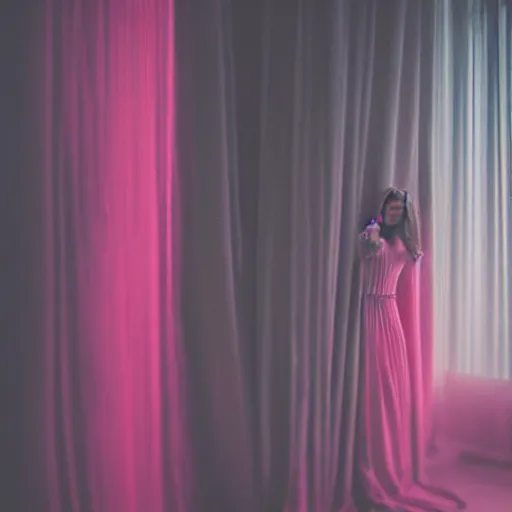 Prompt: photography of female models behind white curtains in old victorian room, dramatic light, cinestill, flying black marble balls, filmstill, bokeh, long exposure, god rays, magic hour, pink light, warm colors