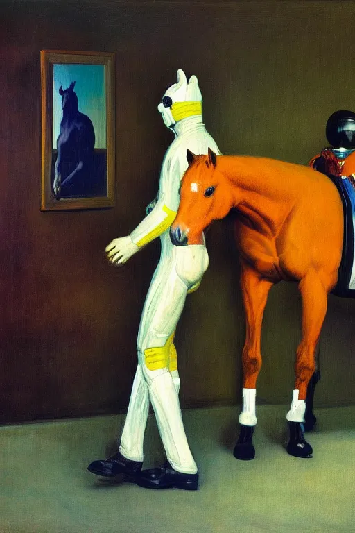 Image similar to man in horse costume, horse in costume astronaut, horse racing, hauntingly surreal, highly detailed painting by francis bacon, edward hopper, adrian ghenie, gerhard richter, and james jean soft light 4 k,