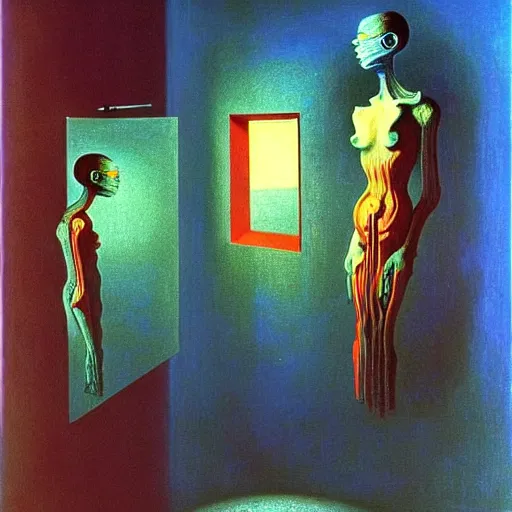 Image similar to The robot recognizes itself in the mirror- contest-winning artwork by Salvador Dali, Beksiński, Van Gogh and Monet. Stunning lighting