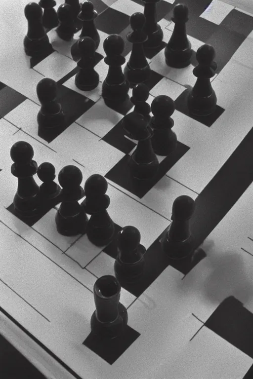 Image similar to a close-up portrait of Marcel Duchamp's very minimal industrial chess-building machine in the style of Hito Steyerl and Shinya Tsukamoto and Irving Penn and Robert Frank, minimal contraption
