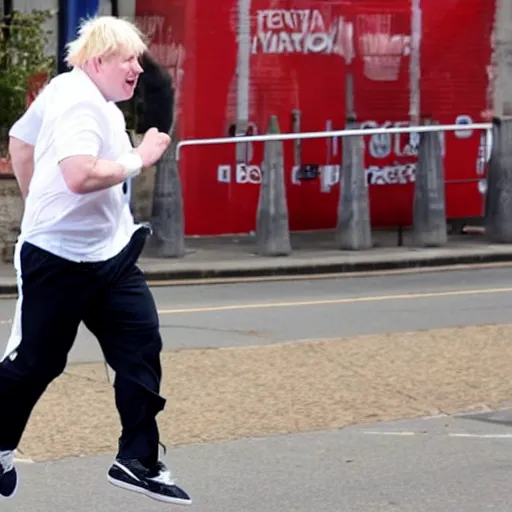 Image similar to Photo of Boris Johnson running, wearing a white t shirt and red shorts with a design of white flowers on them, sweaty