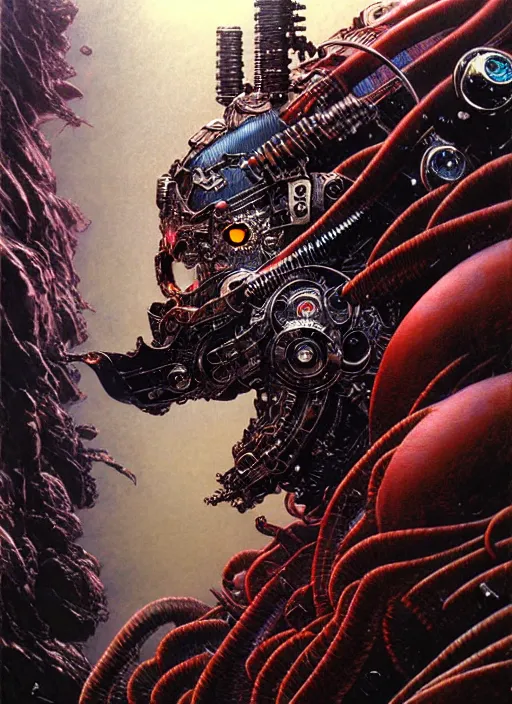 Prompt: detailed image of cyborg wolf by Ayami Kojima, Amano, Karol Bak, Greg Hildebrandt, and Mark Brooks, rich deep colors. Beksinski painting, part by Adrian Ghenie and Gerhard Richter. art by Takato Yamamoto. masterpiece . intricate artwork by Tooth Wu and wlop and beeple, greg rutkowski, very coherent symmetrical artwork, cinematic, hyper realism, high detail, octane render, unreal engine, 8k, Vibrant colors, Smooth gradients, High contrast, depth of field. by Katsuhiro Otomo, full body character drawing, inspired by Evangeleon, clean ink detailed line drawing, intricate detail, extremely detailed. painting by Arthur Rackham, Eugene de Blaas, Frederic Leighton