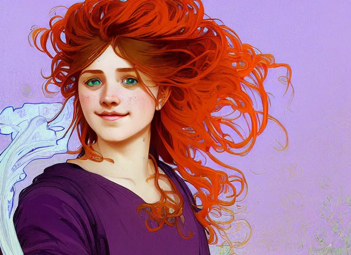 Image similar to portrait of a beautiful smiling girl with orange hair and freckles, green eyes, highly detailed, digital painting, concept art, smooth, sharp, focus, background is purple, trending on deviantart, alphonse mucha