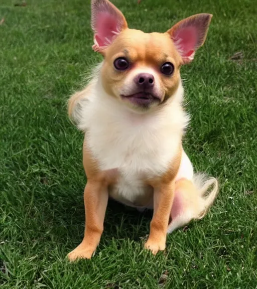 Image similar to fully grown tan pit bull, long - haired chihuahua, pomeranian mix