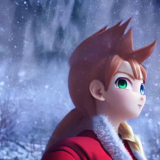 Prompt: portrait focus of ( ( angry ) ) super saiyan beautiful 3 d anime girl posing, frozen ice dark forest background, snowing, bokeh, inspired by masami kurumada, octane render, volumetric lighting