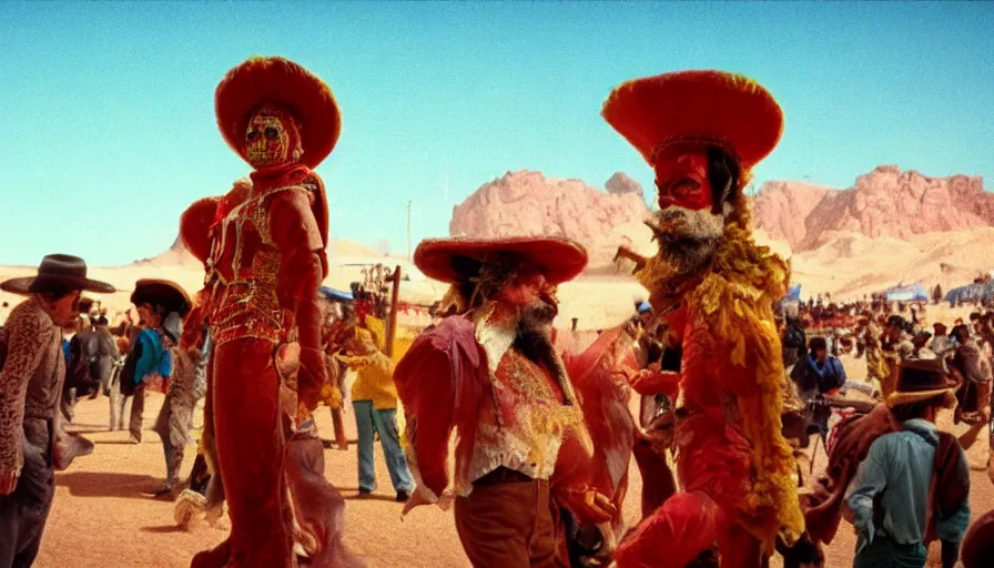 Image similar to movie still by alejandro jodorowsky of a carnival in the desert, cinestill 8 0 0 t eastmancolor technicolor, high quality, very detailed, heavy grain, fine facial features, 8 k, octane render