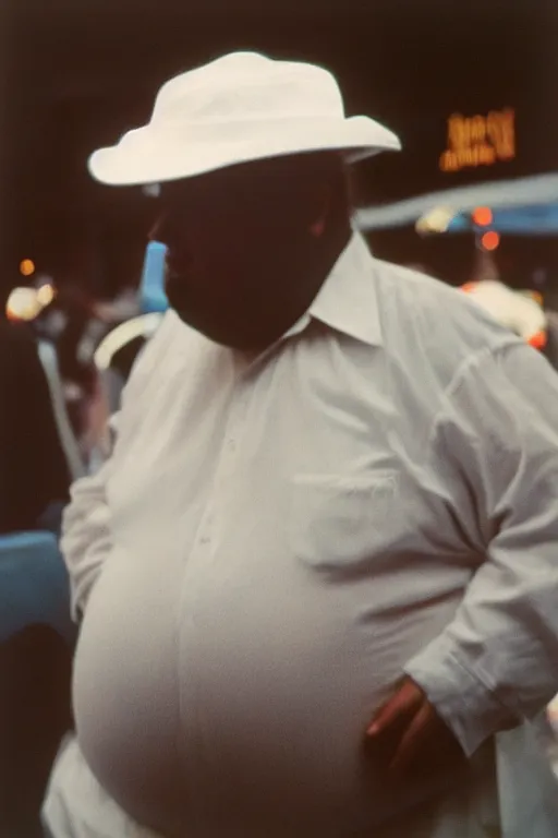 Prompt: close-up film photography 1970s, portrait of fat man in white hat, New York City, soft light, 35mm, film photo, Joel Meyerowitz