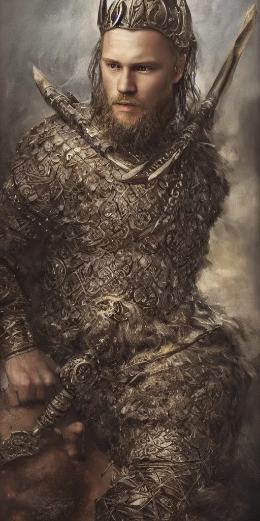 Image similar to a stunning and noble highly detailed romantic period style portrait of the Viking king Ragnar Lothbrok by Josep Tapiró Baró, trending on artstation, oil painting masterpiece, symmetry, fractals, Norse iconography