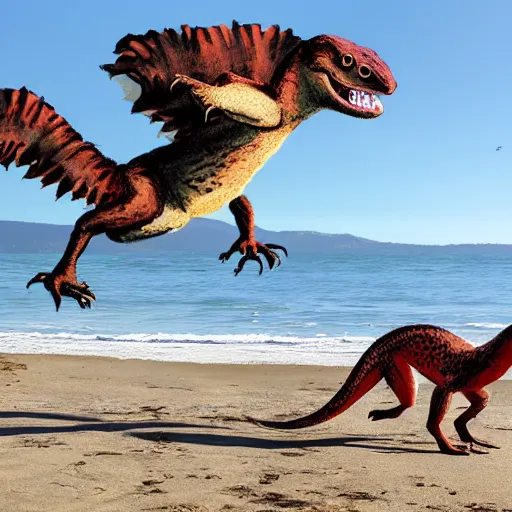 Prompt: velociraptors chasing people on the beach in california