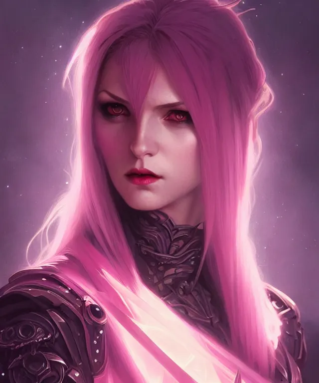 Image similar to Beautiful female vampire, eastern european origin, sci-fi, pink eyes, face, raven hair, fantasy, intricate, elegant, moonlit, highly detailed, digital painting, artstation, concept art, smooth, sharp focus, illustration, art by artgerm and greg rutkowski and alphonse mucha