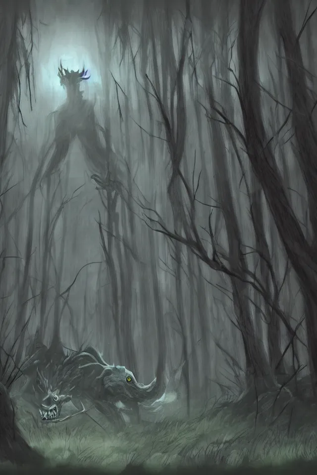 Prompt: concept art of a scary monster wandering a dark tight forest