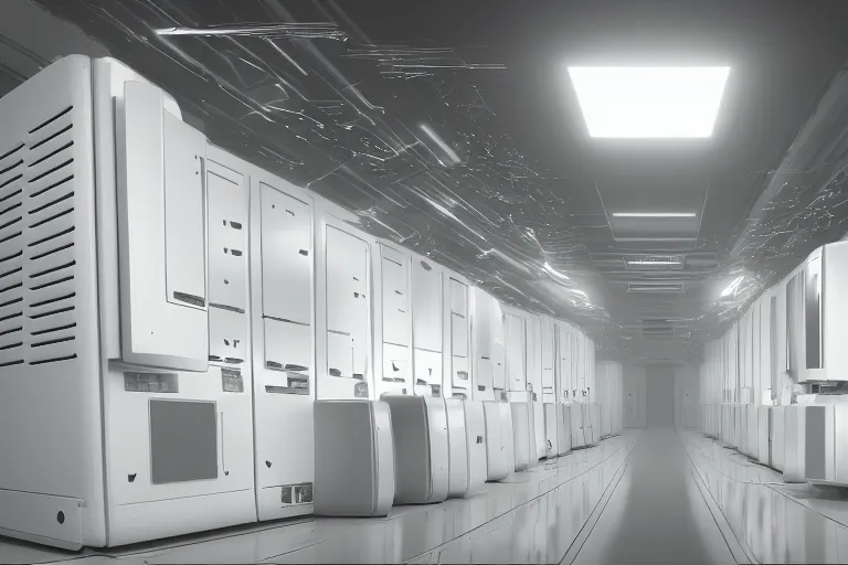 Prompt: parallax datacenter server room single mono colossus white rusty android robokitten in artstation cinematic detailed concept art volumetric light sharp coherent cgsociety very very realistic