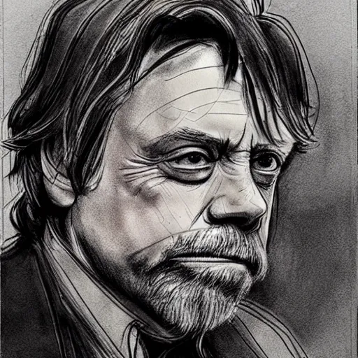 Image similar to a realistic yet scraggly portrait sketch of the side profile of a stern and sophisticated mark hamill, trending on artstation, intricate details, in the style of frank auerbach, in the style of sergio aragones, in the style of martin ansin, in the style of david aja, in the style of mattias adolfsson