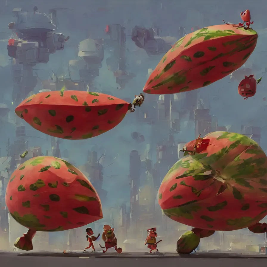 Prompt: Goro Fujita illustrating a watermelon military machine defending a city, art by Goro Fujita, sharp focus, highly detailed, ArtStation