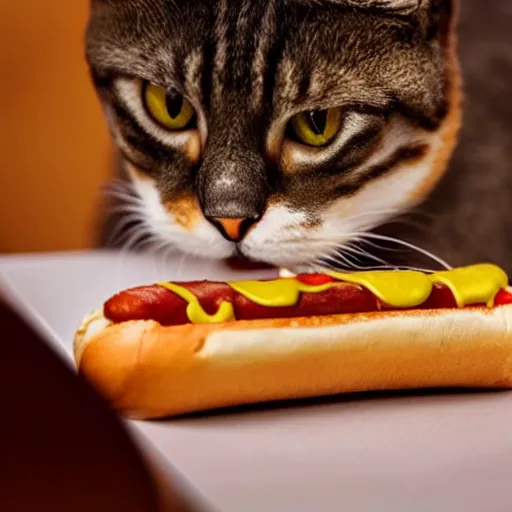 Prompt: cinematic shot cat eating a hotdog, hyper realistic, mood lighting, fantasy, detailed face, highly detailed, super realistic, perfect lighting