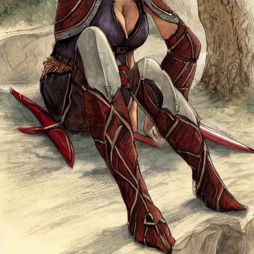 Prompt: a short, stocky female wood elf, resting after a battle, fantasy art