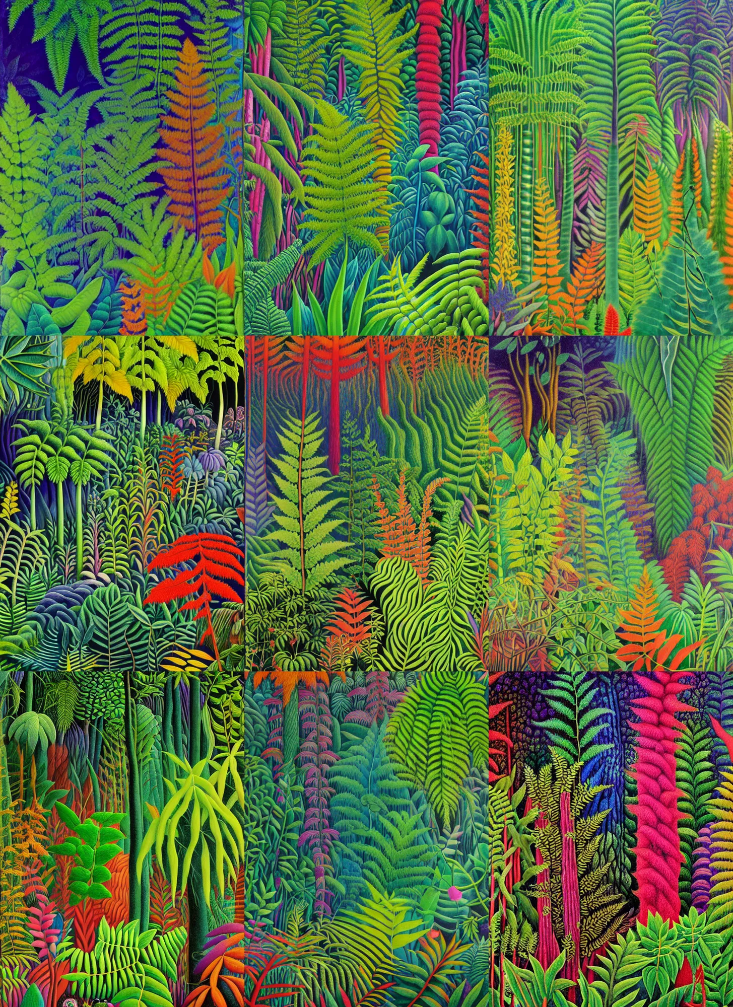 Prompt: a distant dense psychedelic colorful fern forest by henri rousseau, 4 k, detailed, acid pixie
