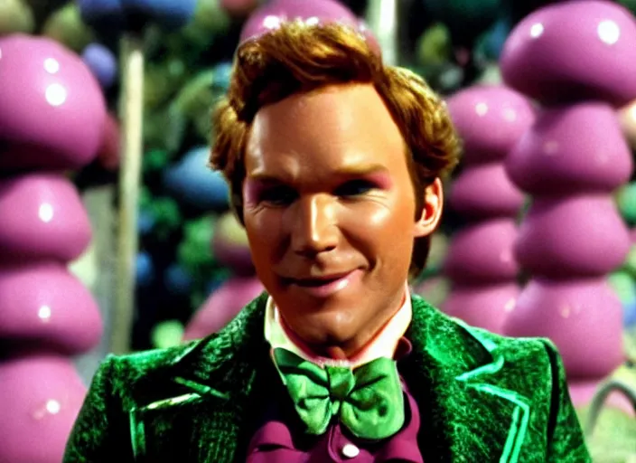 Image similar to film still of Chris Pratt as Willy Wonka in Willy Wonka and the Chocolate Factory 1971