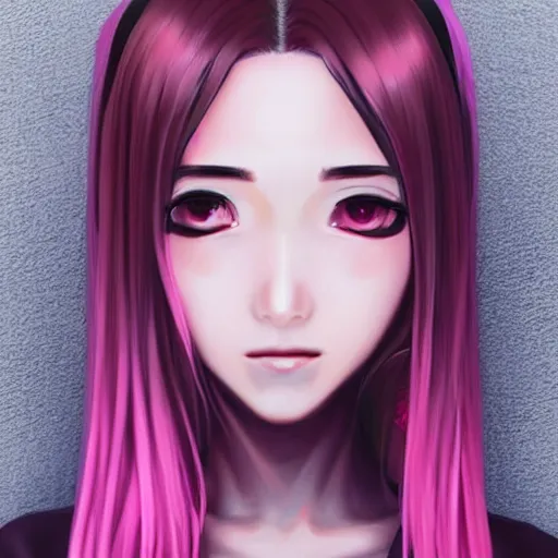 Prompt: of a 2 d girl with 3 d oil pink hair realistic eyes with minimal features
