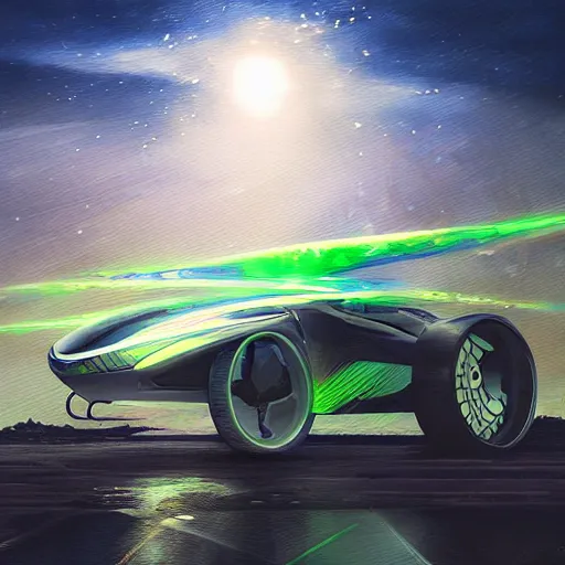 Image similar to solarpunk hovercar, clean energy, green technology, batoidea shape, airspace, sunny day, futurism, intricate, engines, glow, highly detailed, peaceful, utopia, bright, digital painting, artstation, concept art, smooth, sharp focus, epic landscape, art by akihiko yoshida and tim mcburnie and anato finnstark