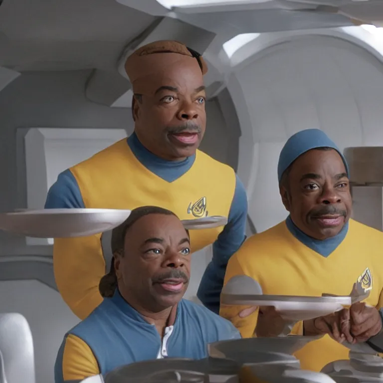 Prompt: levar burton wearing retro visor and frisbees and plastic mixing bowls on his head on the starship enterprise