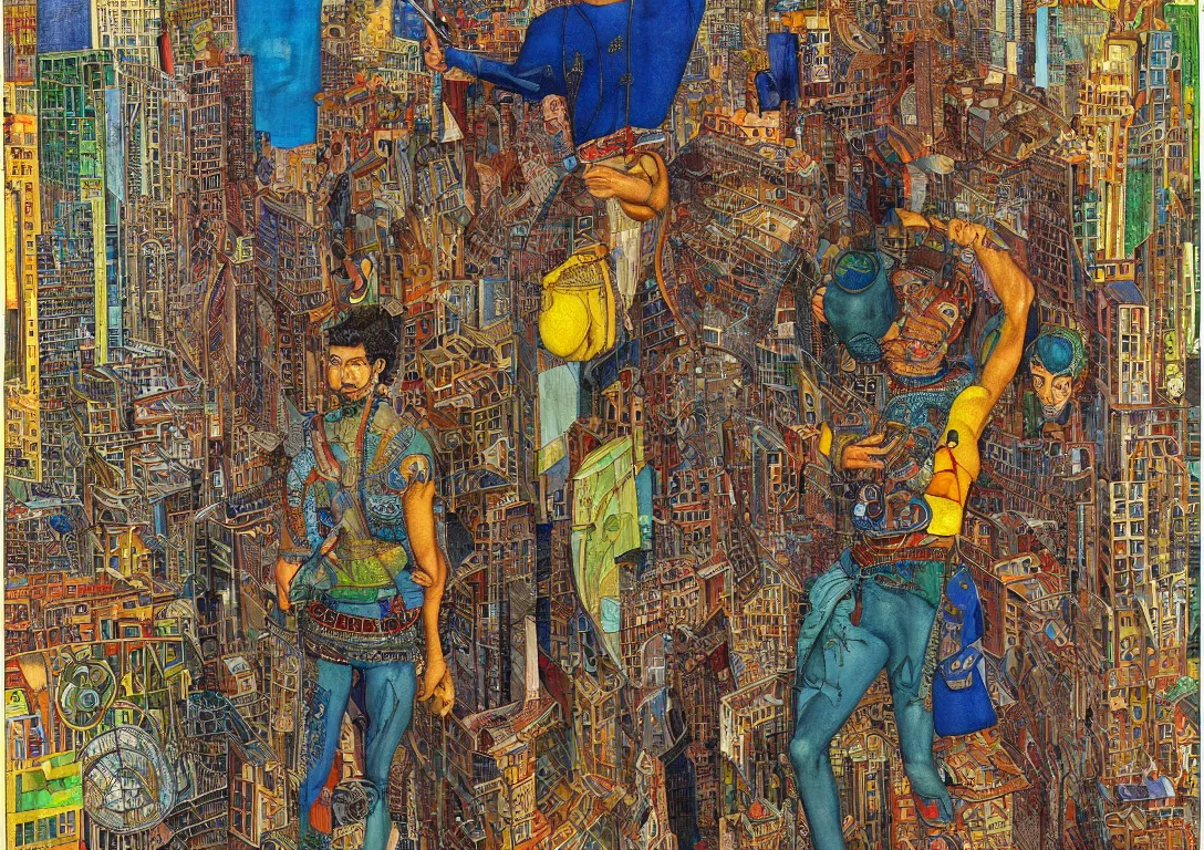 Prompt: portrait of a punk latino greek god searching through the streets of an stylized watercolor glass and steel metropolis, very sparse detail, saturated color scheme, by mati klarwein, victor brauner and moebius