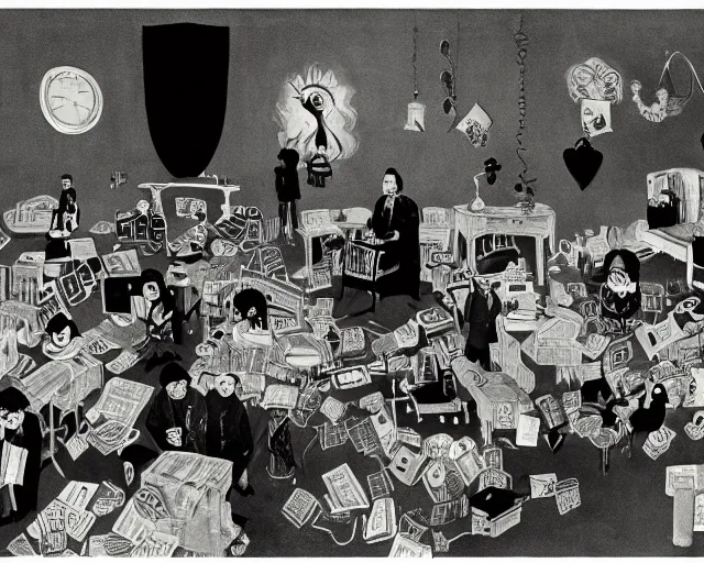 Image similar to the horror of beaurocracy, papers, horror, desks, office, waiting, stress, frustration, anger, crowded, harsh cinematic lighting, high qulity, 4 k, by charles addams and hilma af klint and affandi