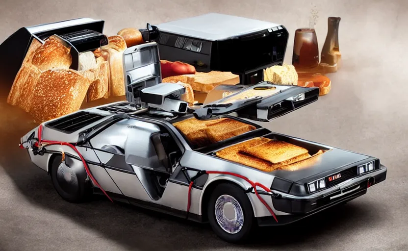 Image similar to a time-traveling delorean styled toaster with toast, bread inserted into slot, glowing heating coils, stainless steel, professional product shot, magazine ad