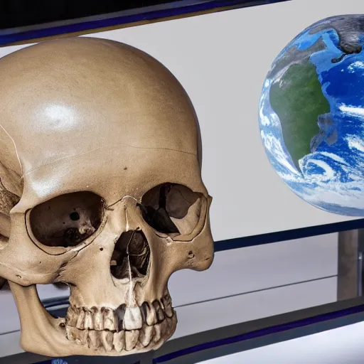 Prompt: A human skeleton in a museum with a picture of planet Earth next to it, science fiction