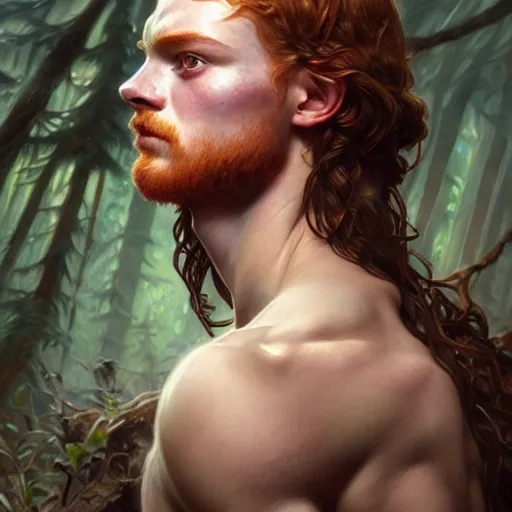 Image similar to sadie sink portrait of forest gog, male, clear face, masculine, upper body, muscular, fantasy, intricate, elegant, highly detailed, digital painting, artstation, concept art, matte, sharp focus, illustration, art by artgerm and greg rutkowski and alphonse mucha