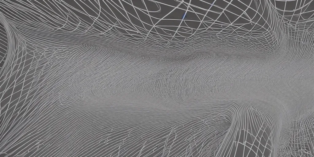 Prompt: awe symetrical highly sophisticated highly intricated generative flow fields curve ornate network wood sagrada familia ceiling continuous landscape flow, dezeen, zaha hadid, hyper realistic pastel light gray dark gray and white, ultra detailed, parametric architecture, 8k, epic cinematic detailed, 3D