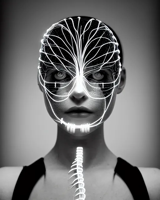 Image similar to black and white spiritual connected young female cyborg - plant goddess high quality photo, microchip, artificial intelligence, bio - mechanical bio - luminescence, black wired cables, neurons, nerve cells, cinematic, rim light, photo - realistic, elegant, high detail, 8 k, masterpiece, high fashion