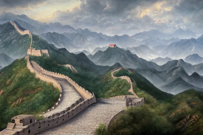 Image similar to photorealistic painting of the Great Wall Of China being destroyed by alien weapons by Samuel Palmer and Bernardo Bellotto, gloomy, rainy, terror, doom, octane render, 8k, award-winning, trending on artstation