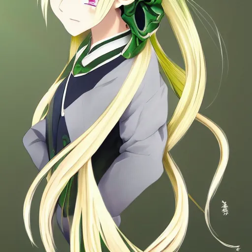 Image similar to long white hair in ponytail, tall, green and gold clothed, flower, genshin impact style, anime, 3 d anime portrait