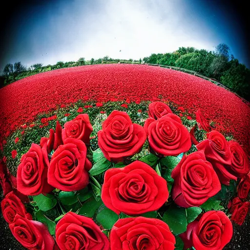 Image similar to red roses, surrounded by ashes, fisheye photo