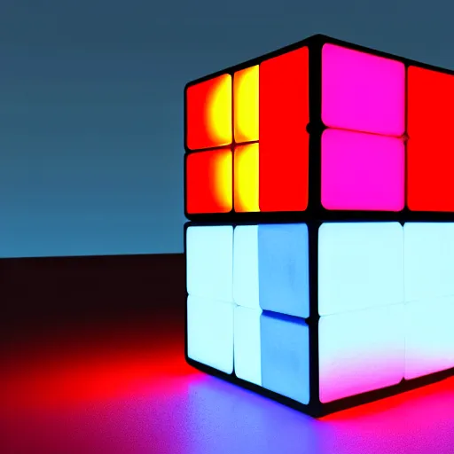 Image similar to digital concept art of a neon 3x3 rubik’s cube, glowing, cubes filled with neon gas, hd, 8k, cinematic lighting, rim lighting, product image