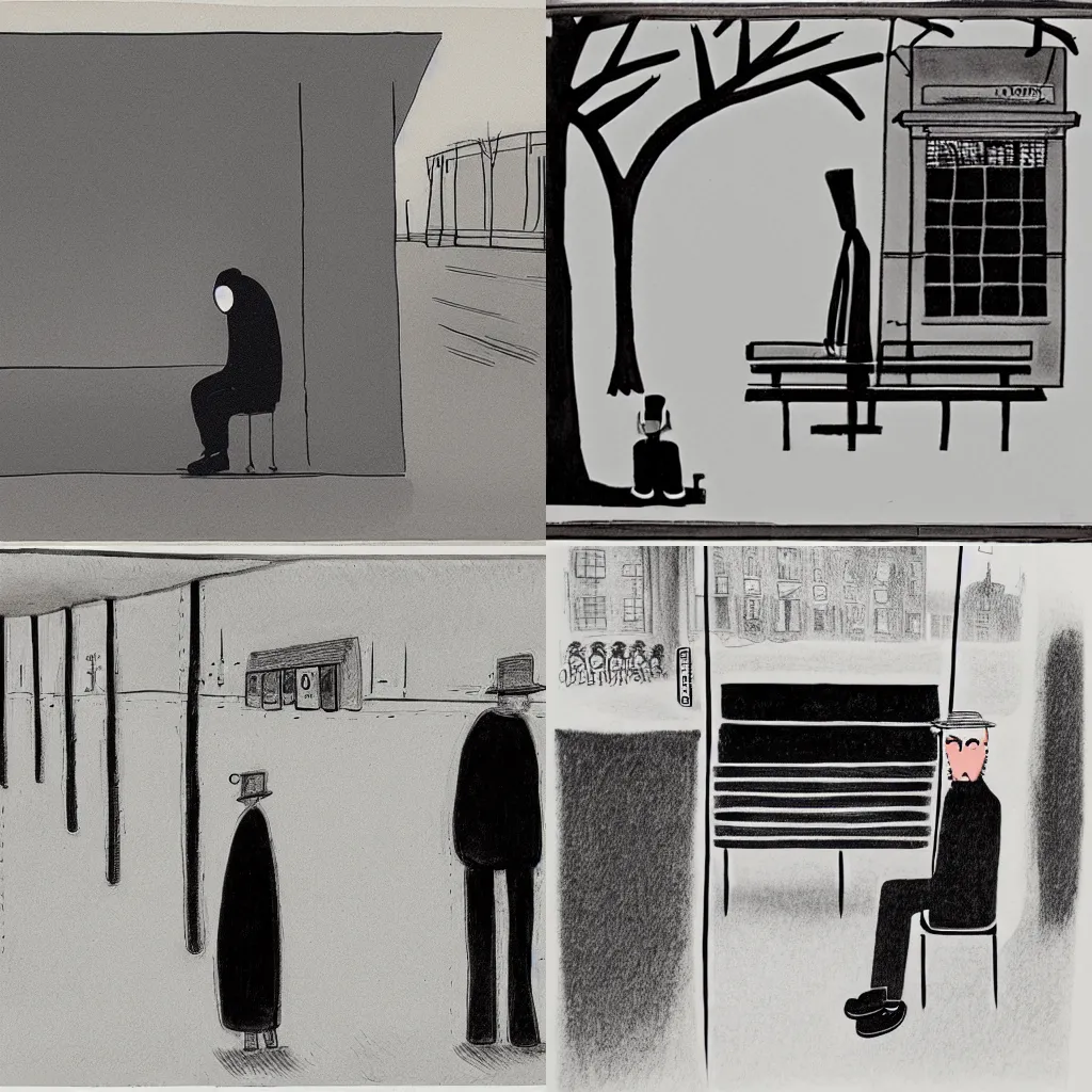 Prompt: lonely man waiting at the bus stop on moody weather, saul steinberg