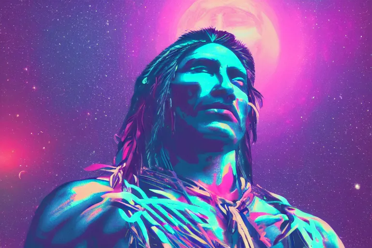 Image similar to photograph of a spiritual native american man looking up at the stars, art, universe, blender, pastel colors, synthwave, retro, cyberpunk,