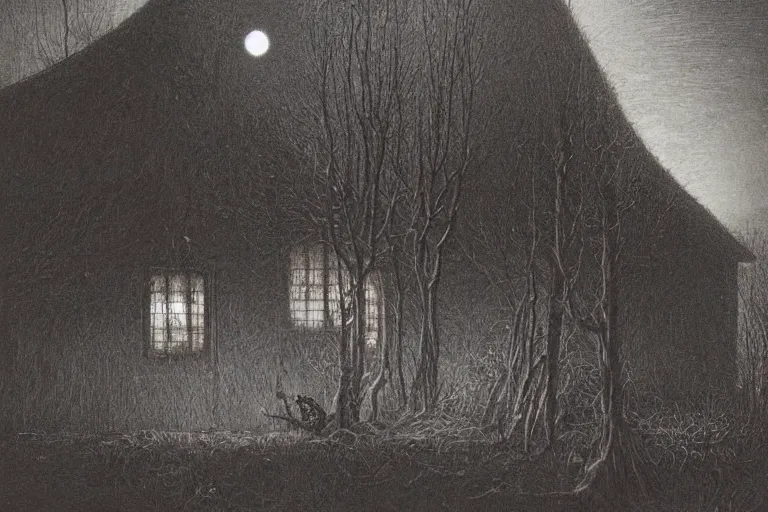 Prompt: a suburban neighborhood, a strange doglike creature, huge with glowing red eyes lurking by a house, a moonlit night, greg rutkowski gustave dore zdzisław beksinski