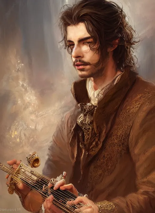 Prompt: realistic portrait painting of a male fantasy bard, old mystic ruins, afternoon, intricate, elegant, highly detailed, digital painting, sharp, focus, by artgerm and greg rutkowski